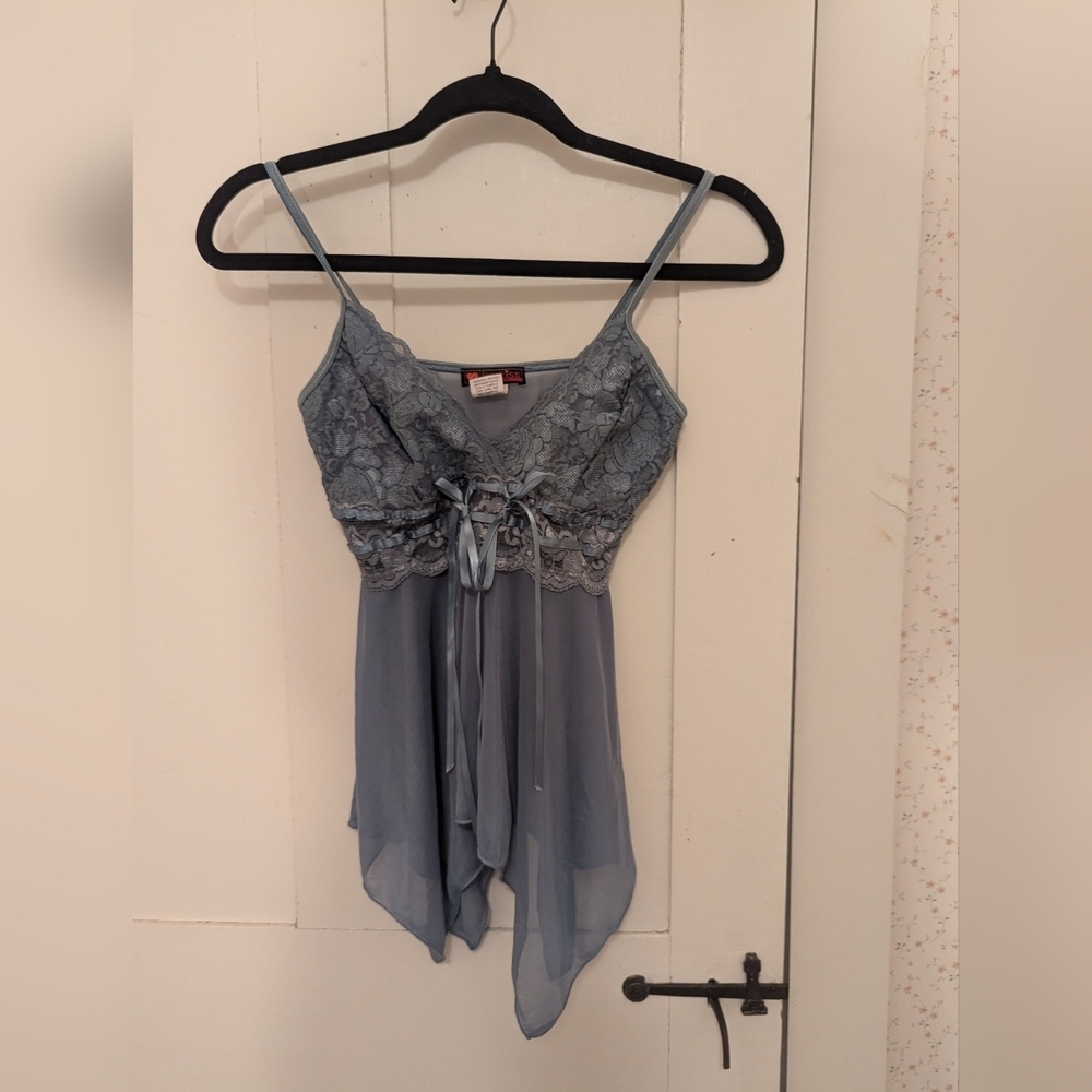 Vintage Camisole "My First Kiss" Blue Lace panel Lingerie Sexy Size M slip